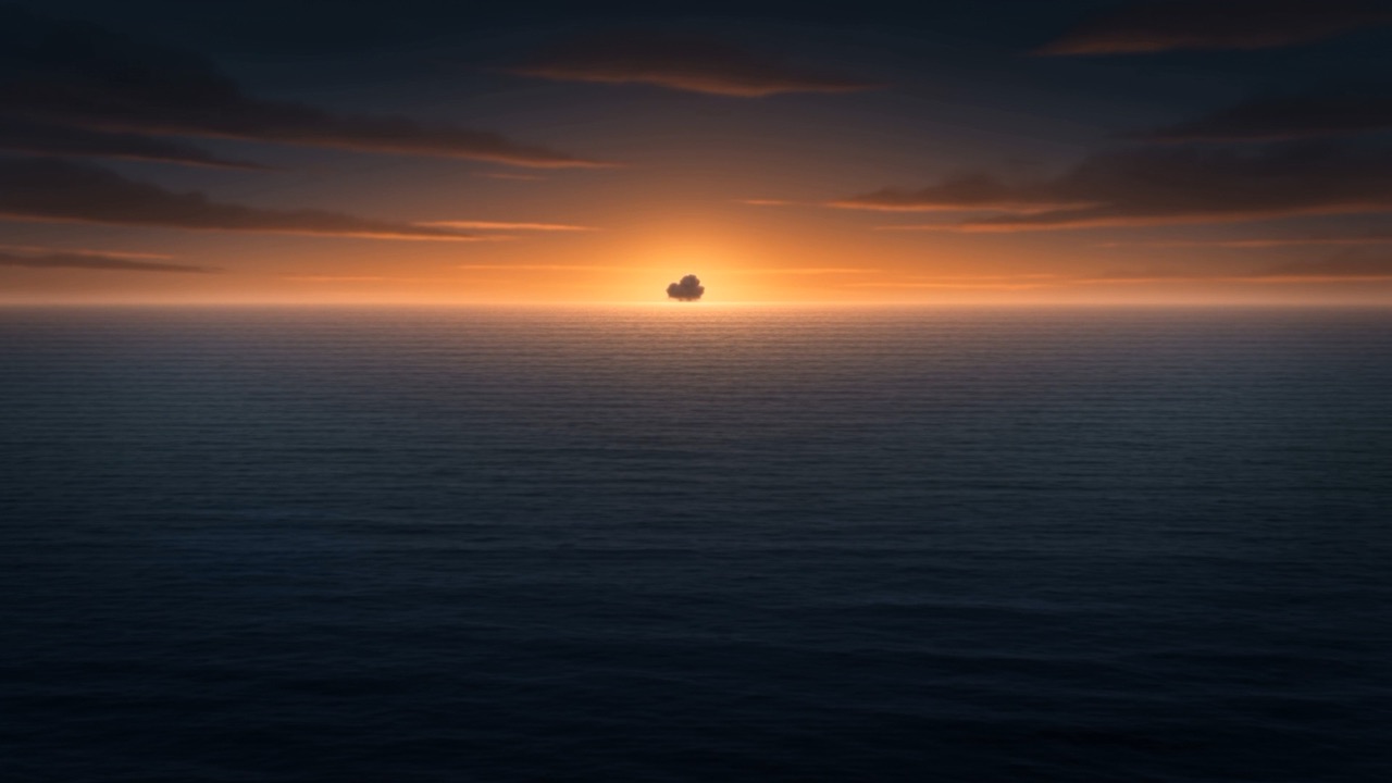 The small cloud grows on the horizon over the flat sea