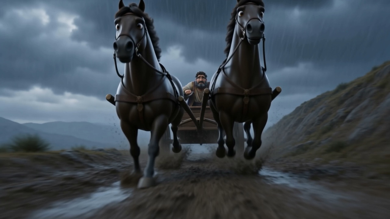 Ahab's chariot pounds down the rain-lashed road