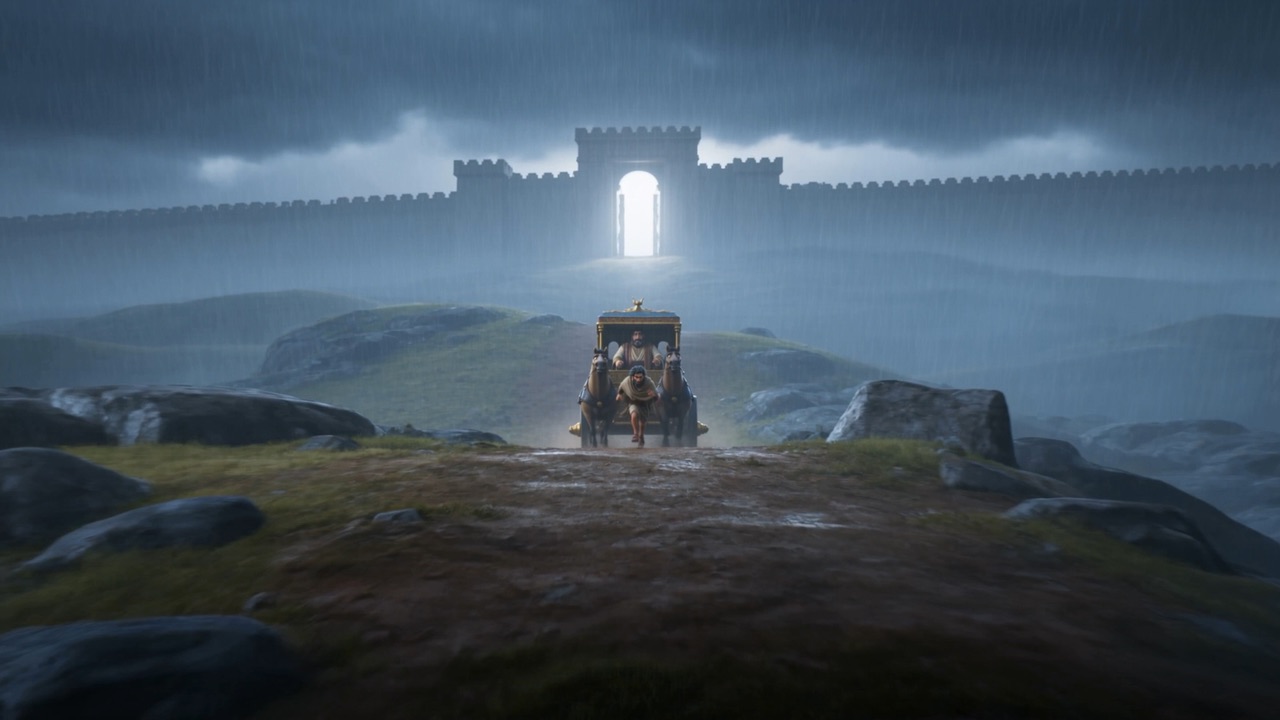 The lit gate of Jezreel through the rain