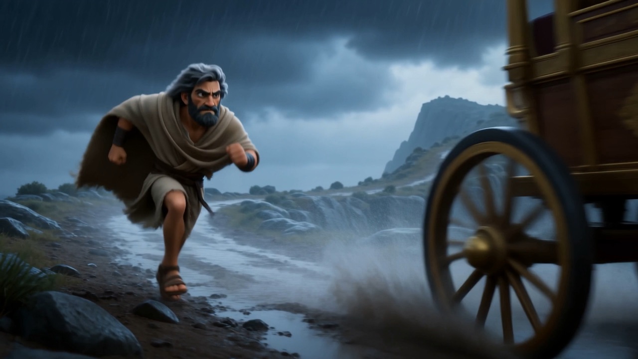 Elijah runs ahead of the horses through the downpour
