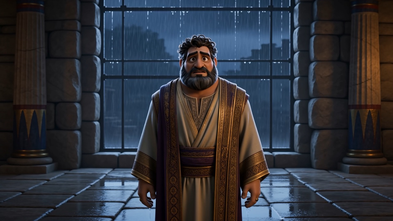 Ahab stands dripping in the palace hall, rain sheeting past the windows