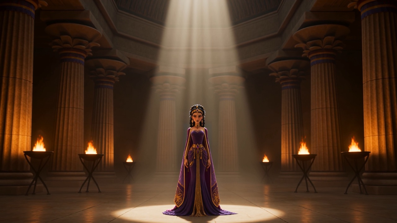 She stands alone in a shaft of torchlight, decided