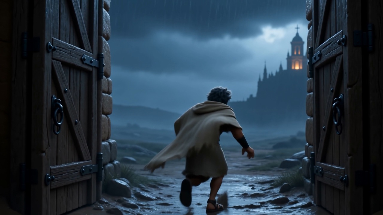 He runs out through the gate into the dark