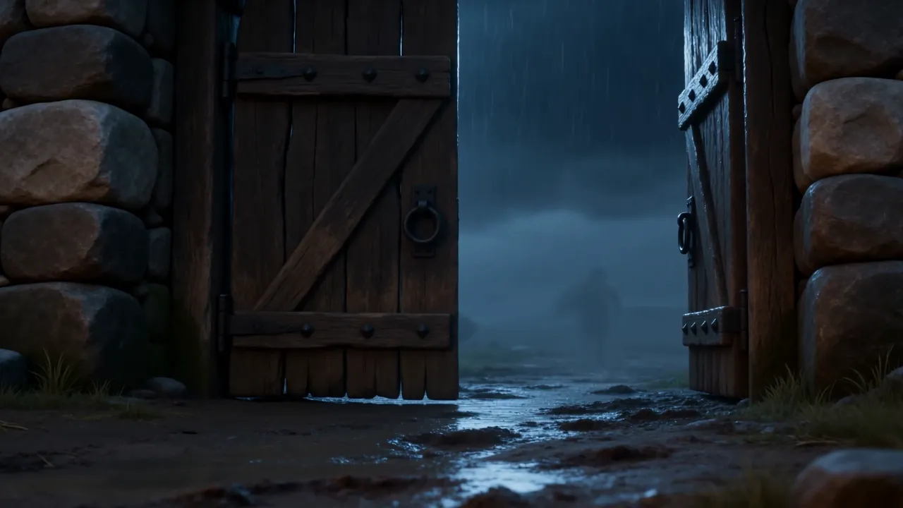 He runs out through the gate into the dark