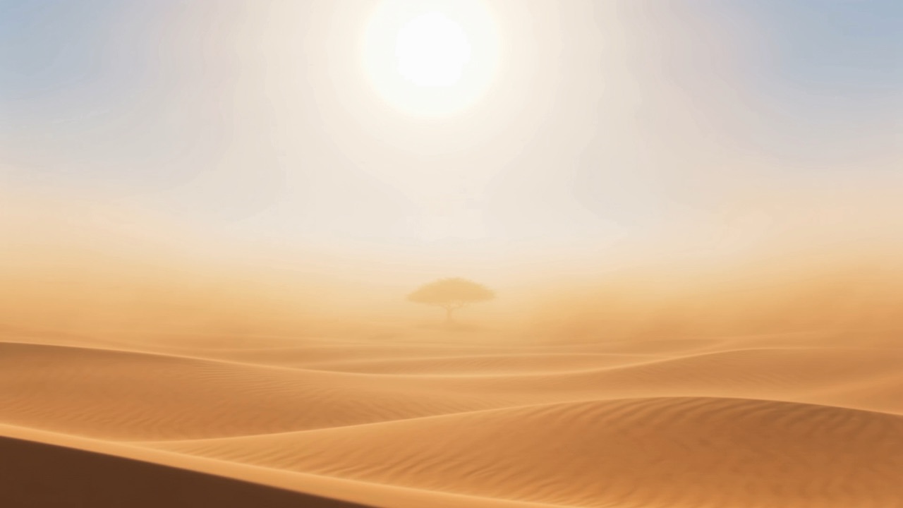Empty dunes under a white sun, nothing in any direction