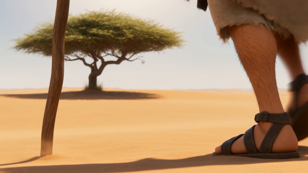 Sandalled feet drag the last steps toward it