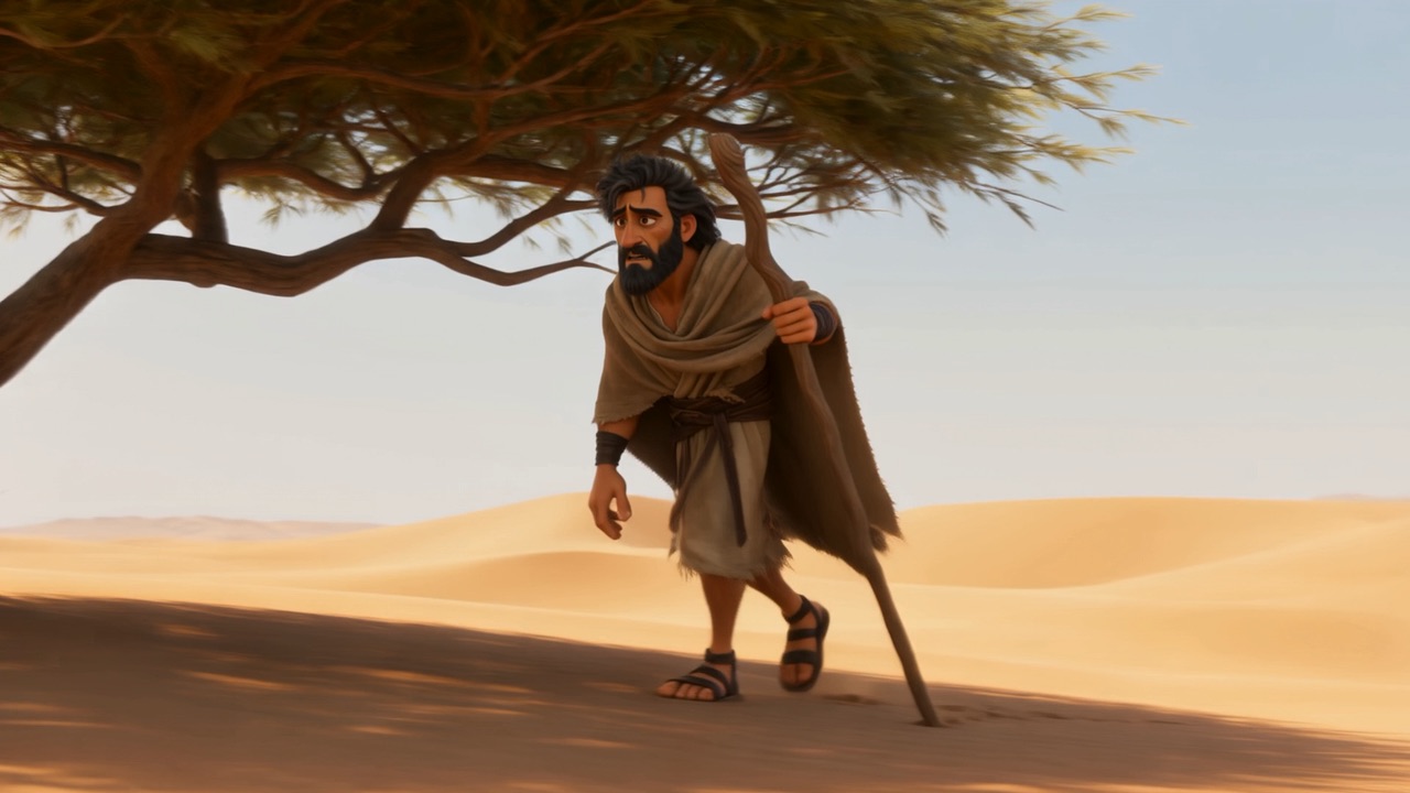 Elijah reaches the tree, bent over his staff