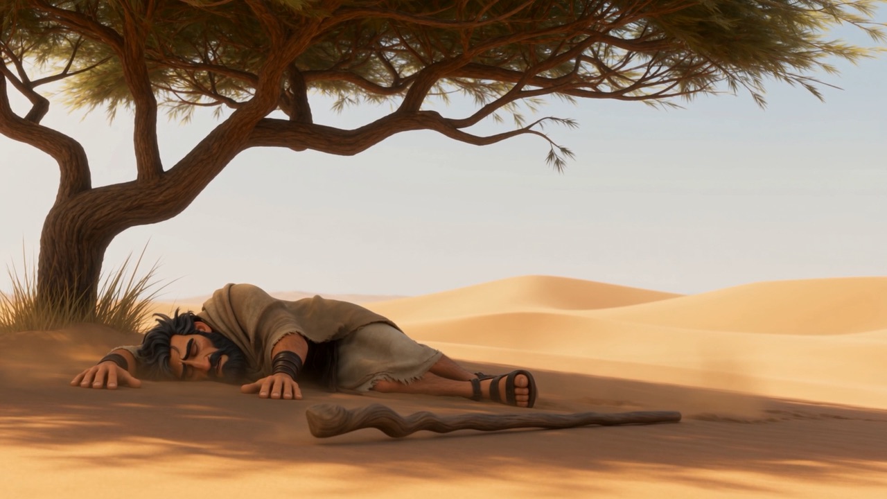 He lies down in the one patch of shade for miles
