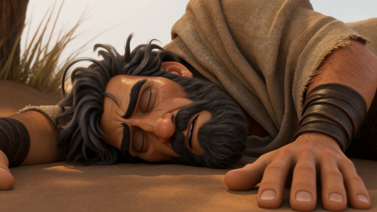 An open hand on the hot ground beside his head