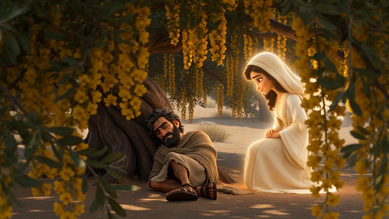 An angel sits with him in the golden blossom shade