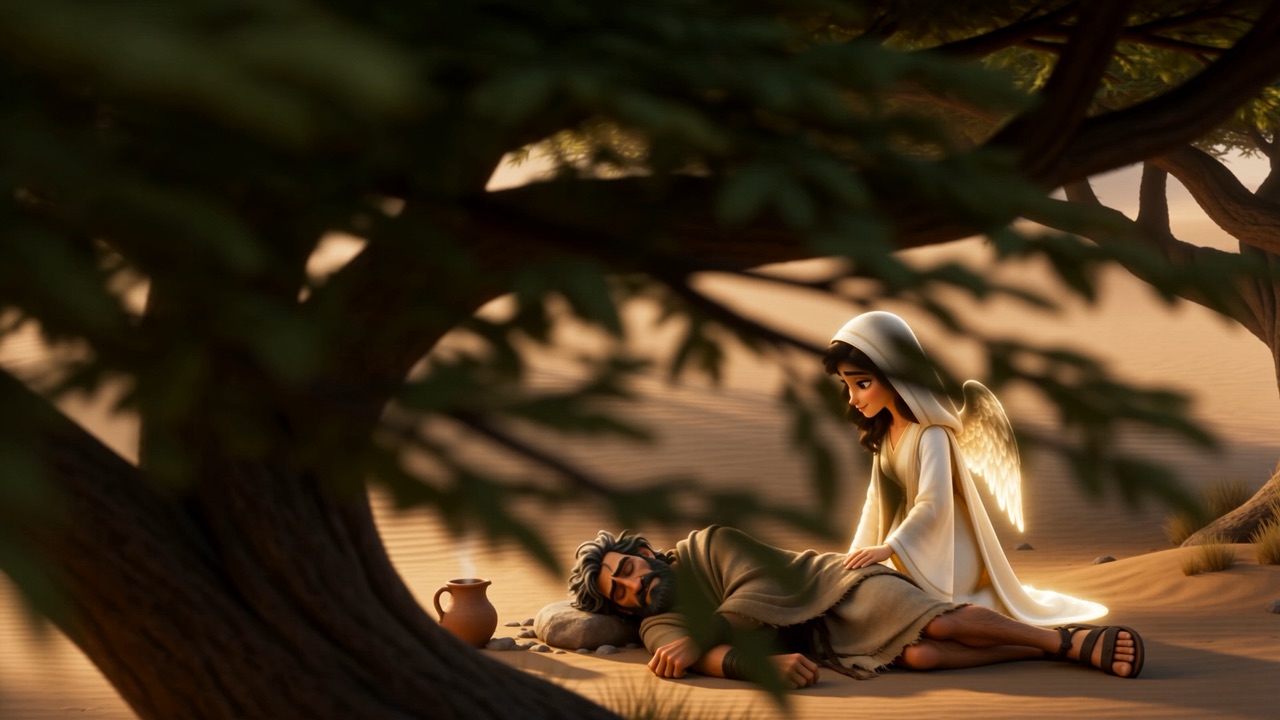 Under the branches, a figure in white kneels beside the sleeping man