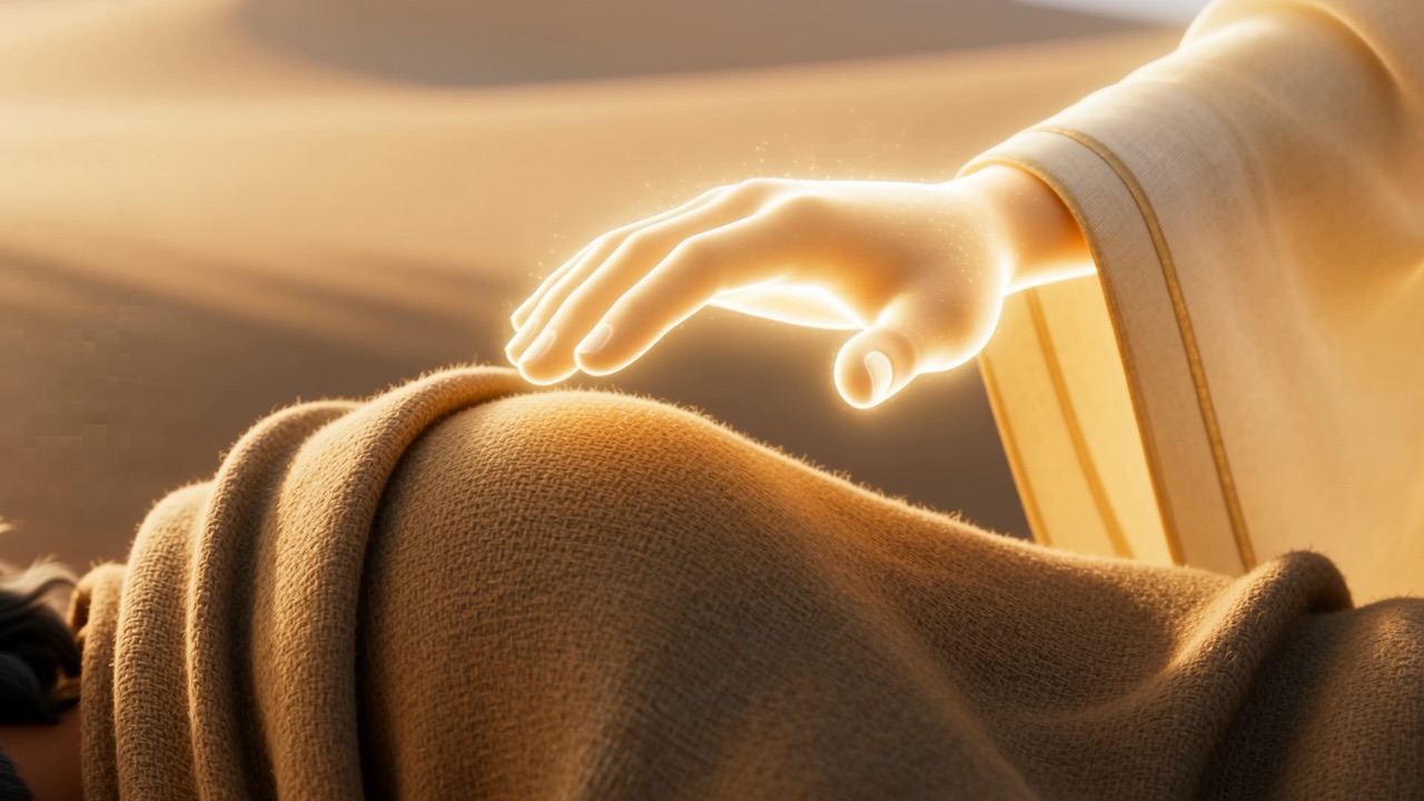 A glowing hand reaches gently toward his shoulder