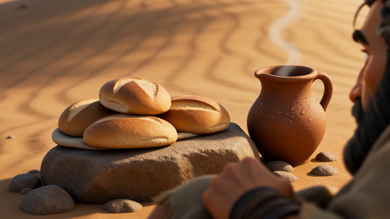 Warm loaves and a clay jug on the desert rock