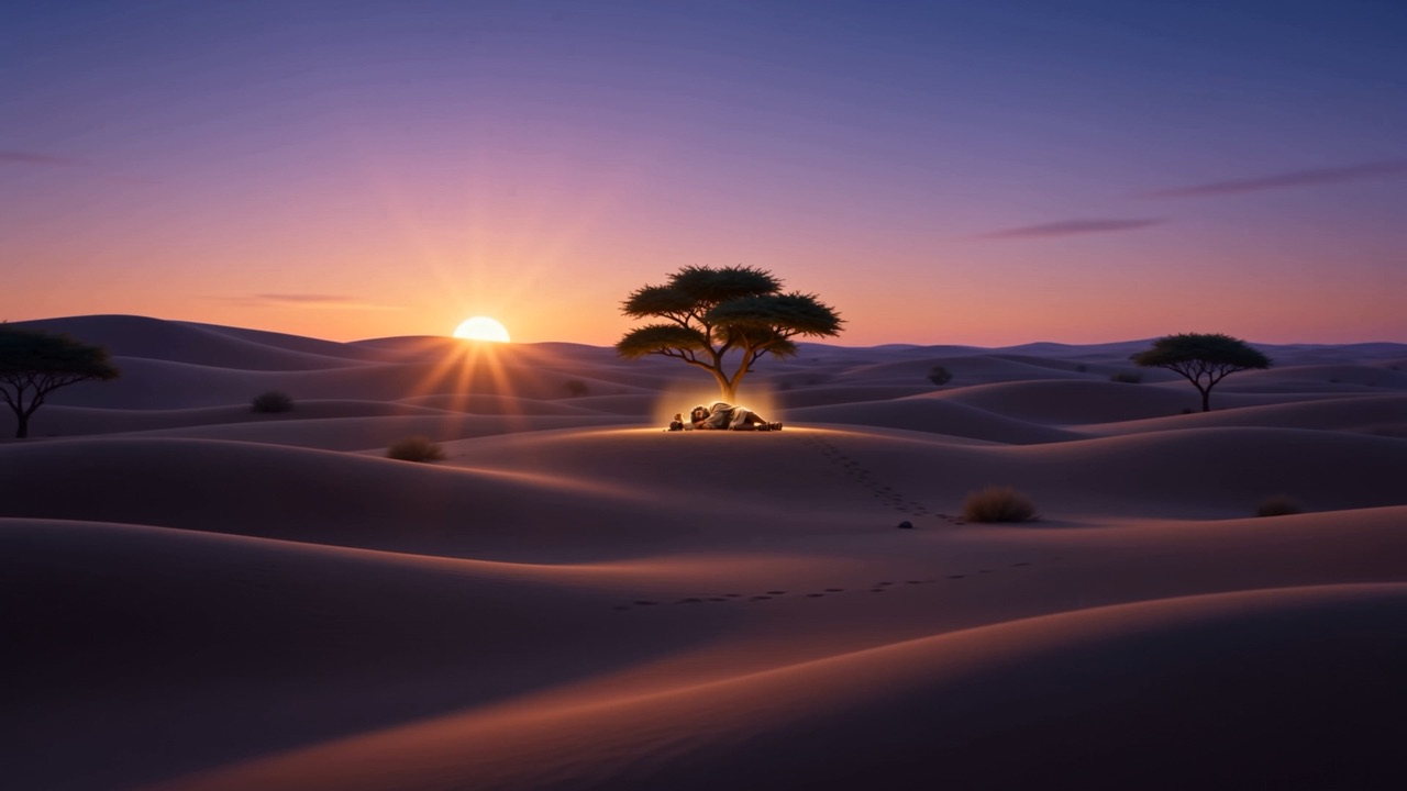 The sun sets behind the lone tree in the dunes