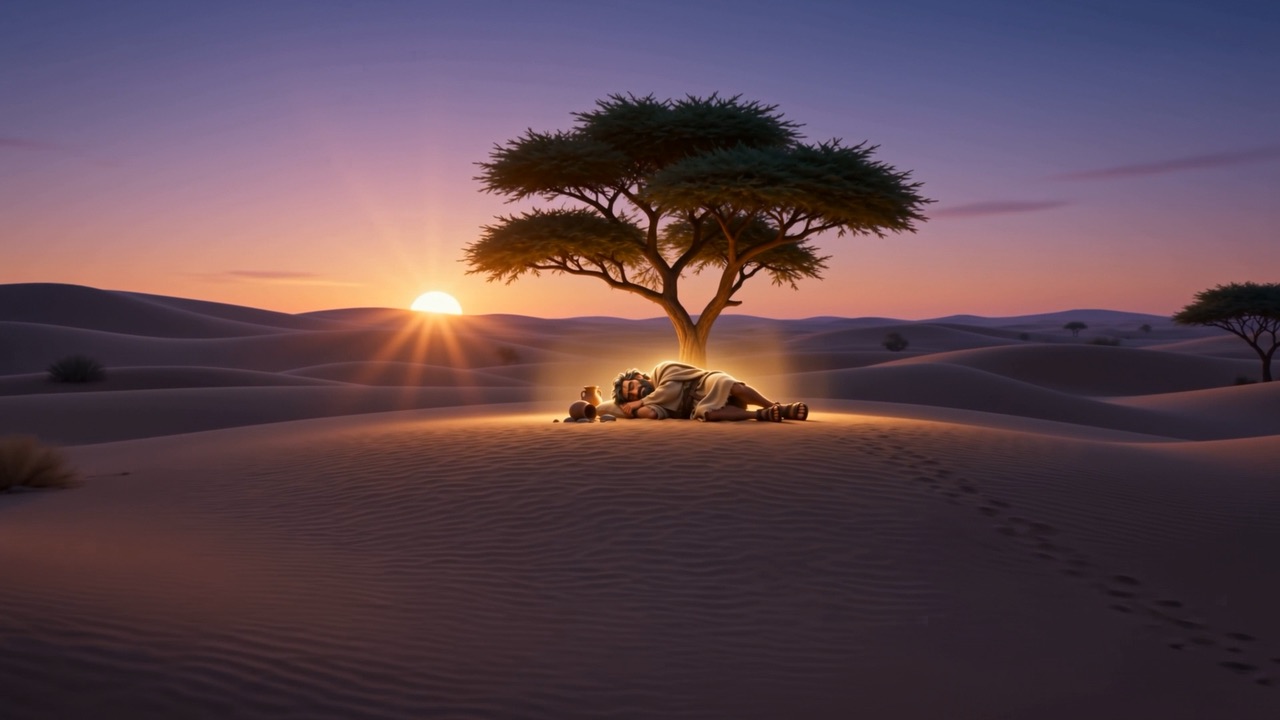 A small fire burns beside the sleeping prophet