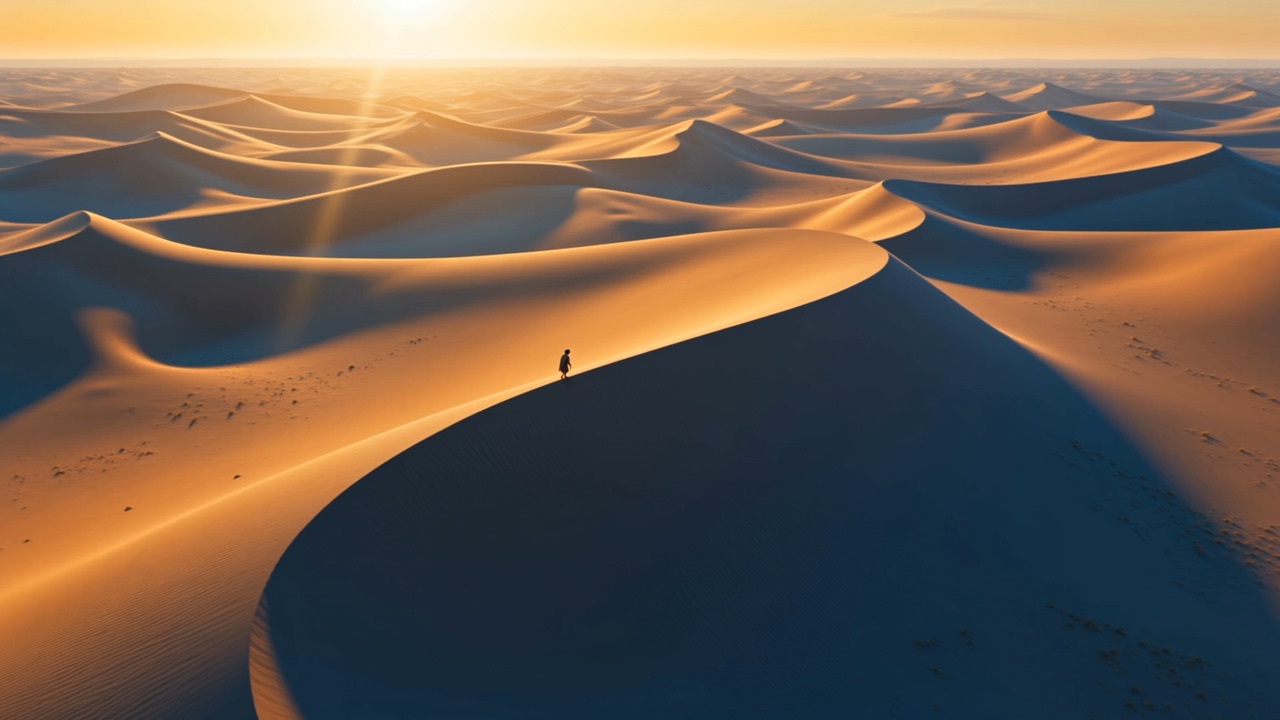 A single traveller crosses an ocean of dunes at sunrise