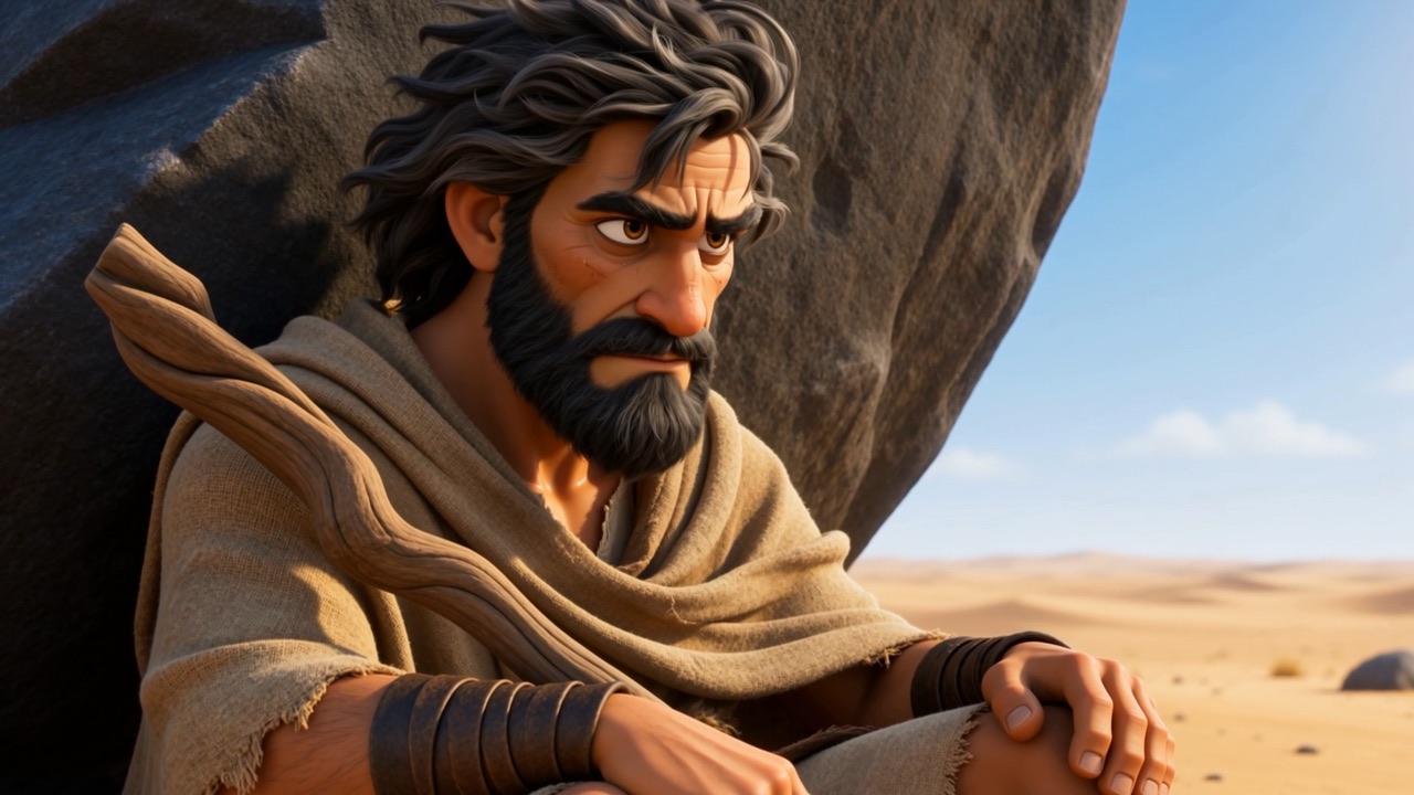 Elijah shelters against a rock, staff in hand