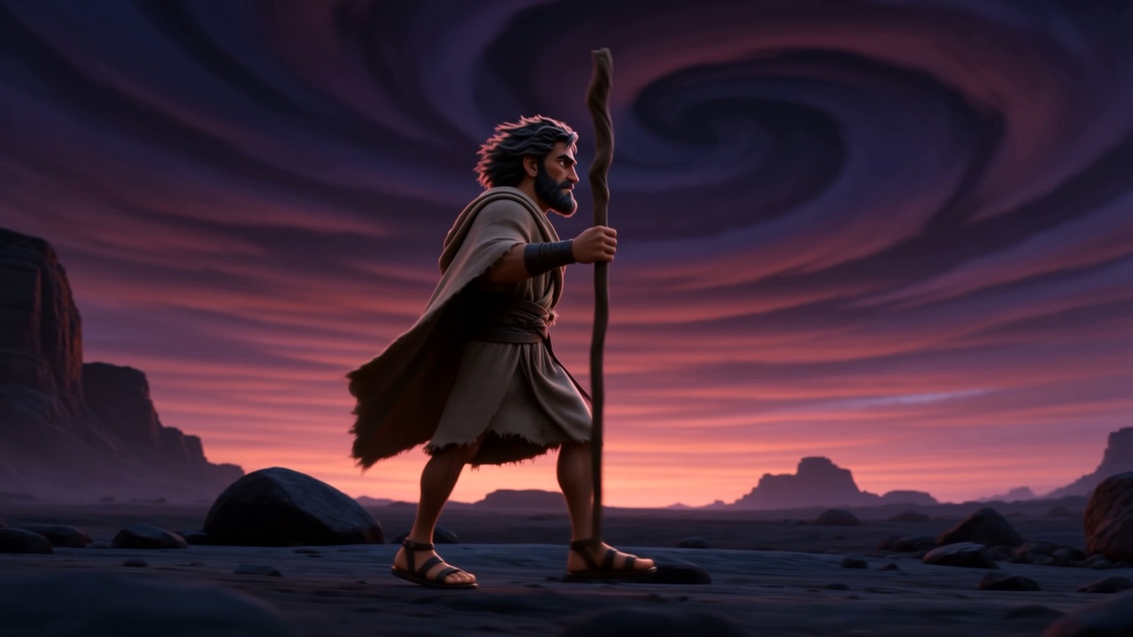 He walks on under a violet dusk sky