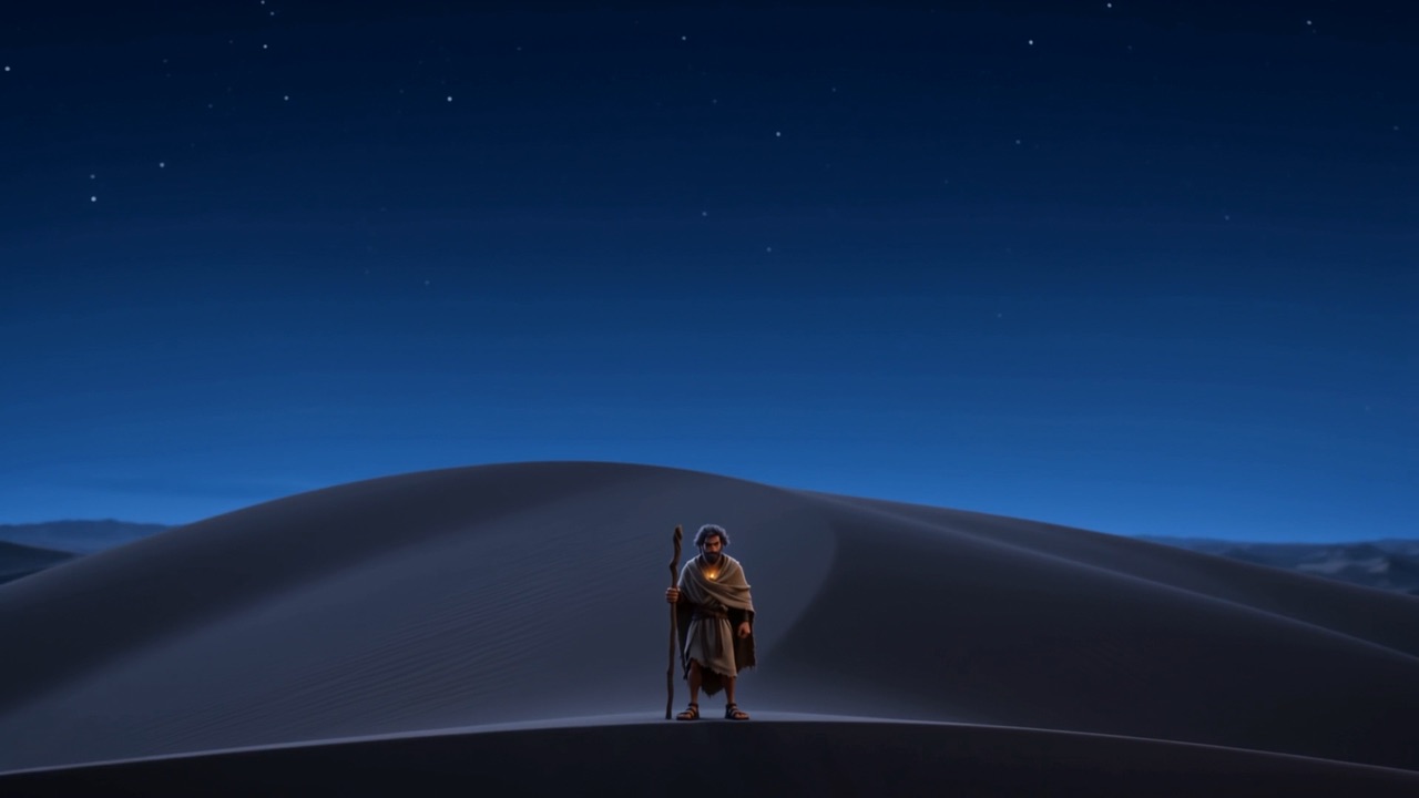 A tiny figure on a moonlit dune ridge at night