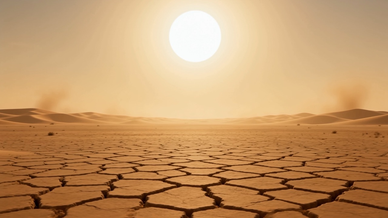 Cracked desert floor stretching to a white horizon