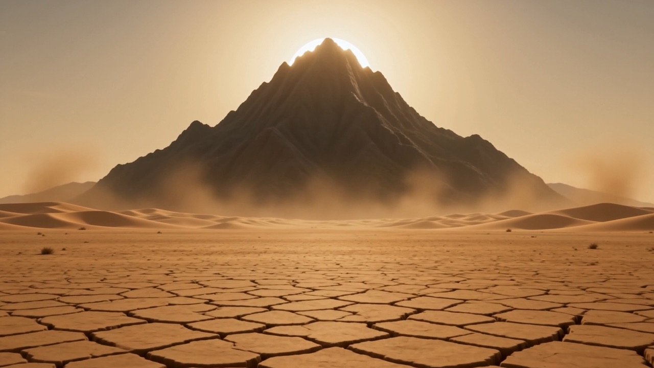 A mountain rises out of the haze ahead
