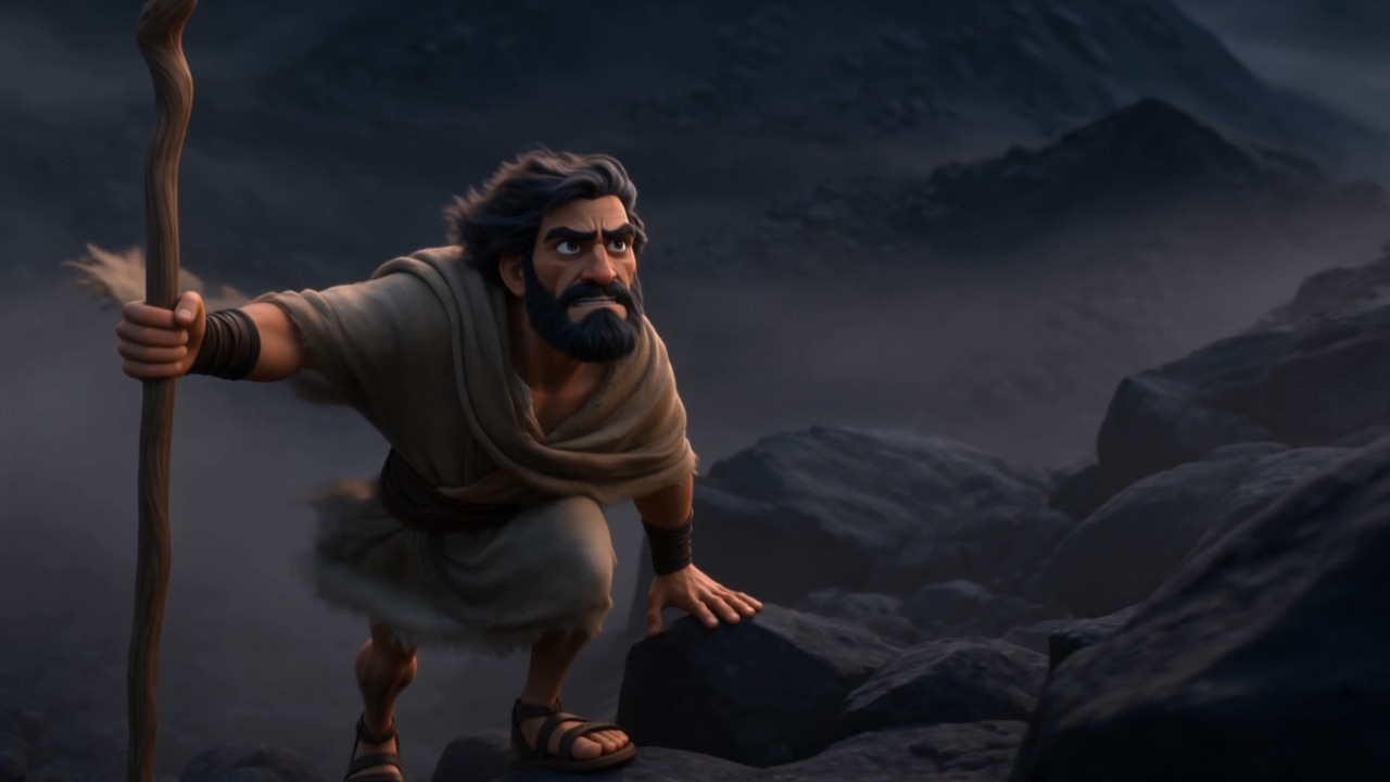 He climbs the black rock of the mountain