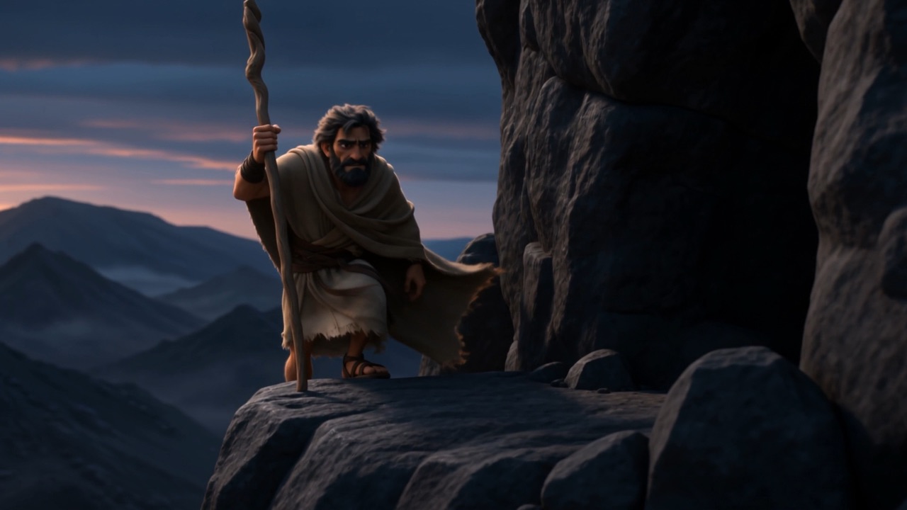 Elijah stands on a high ledge above the ranges at dusk