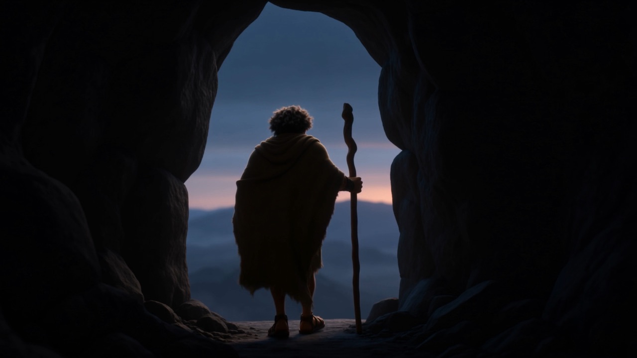 A silhouette in the mouth of a cave