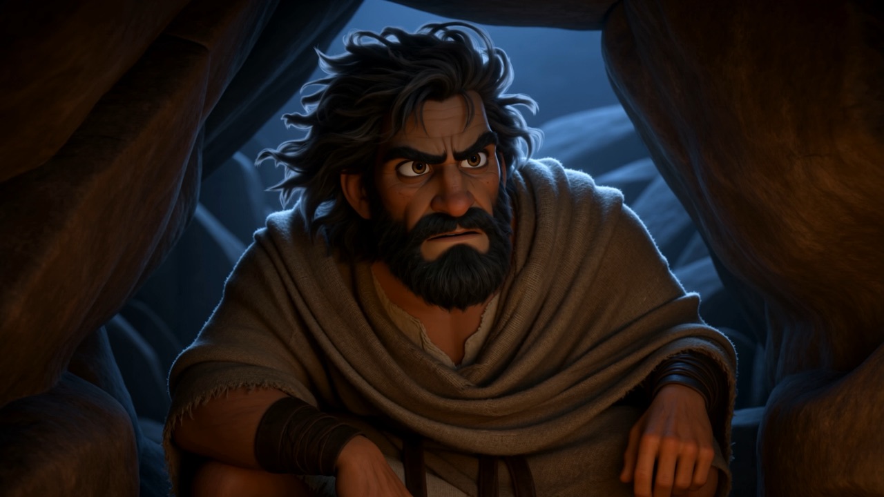 Inside the cave, blue light on his face