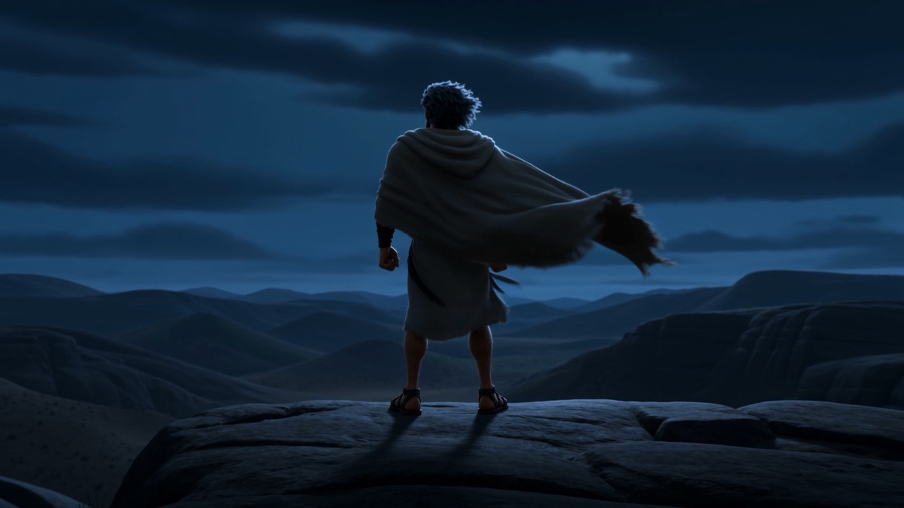 He steps out onto the ledge under a heavy sky