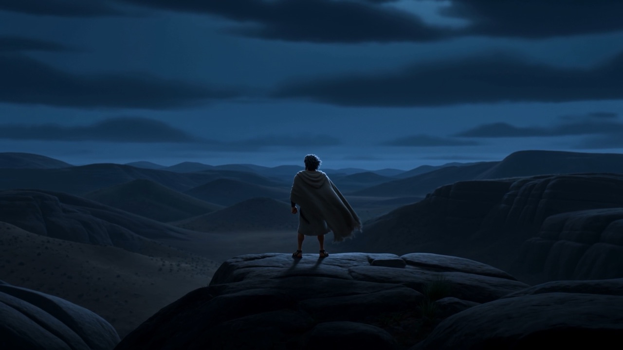 A small figure on the cliff edge, cloak snapping