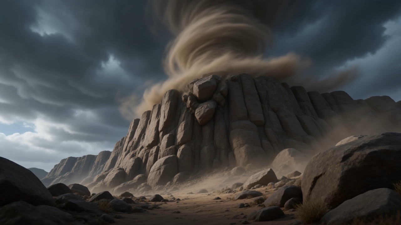 A wall of wind hits the mountainside