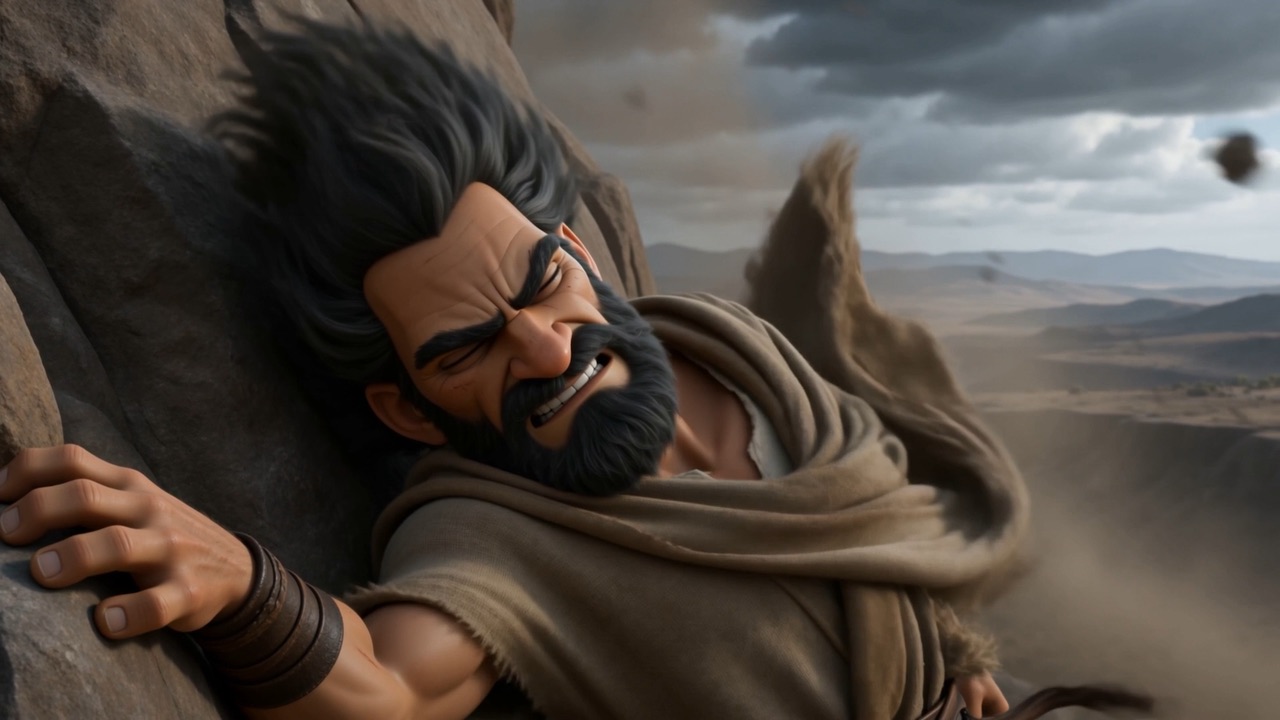 Elijah clings to the stone, hair torn sideways