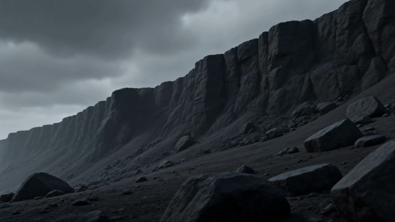 The black mountainside under a bruised sky