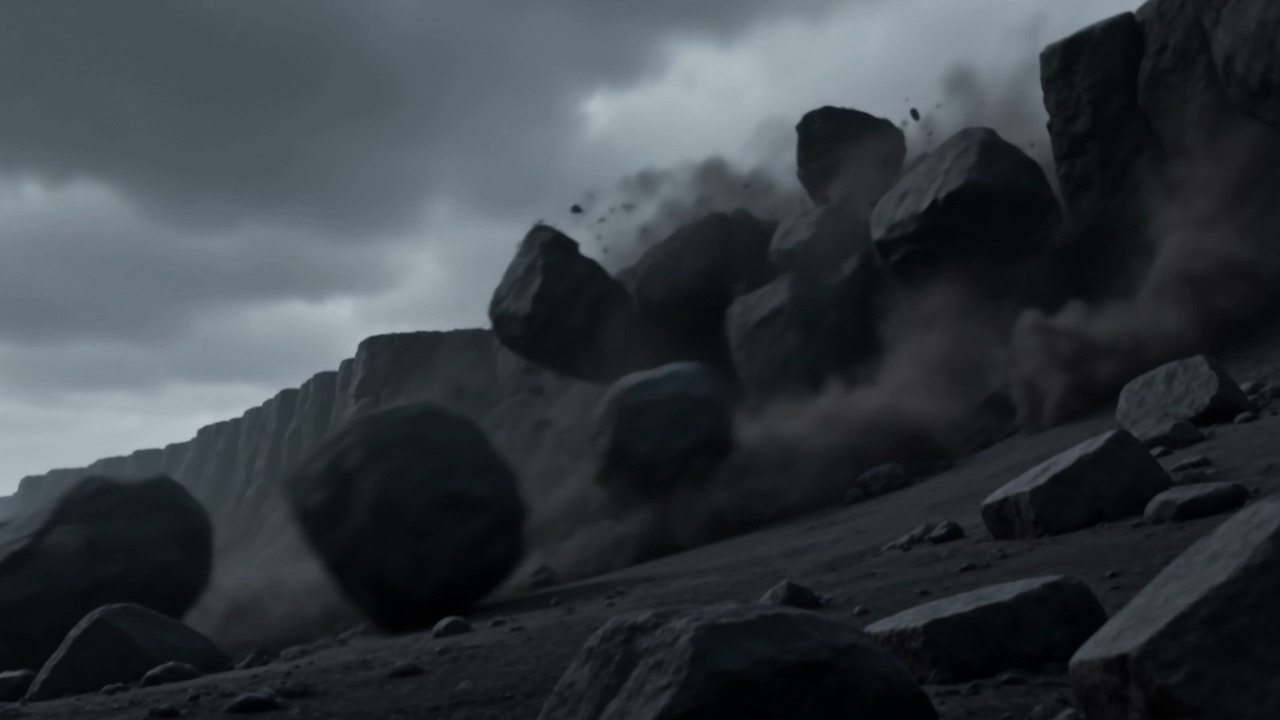 Boulders shake loose and tumble