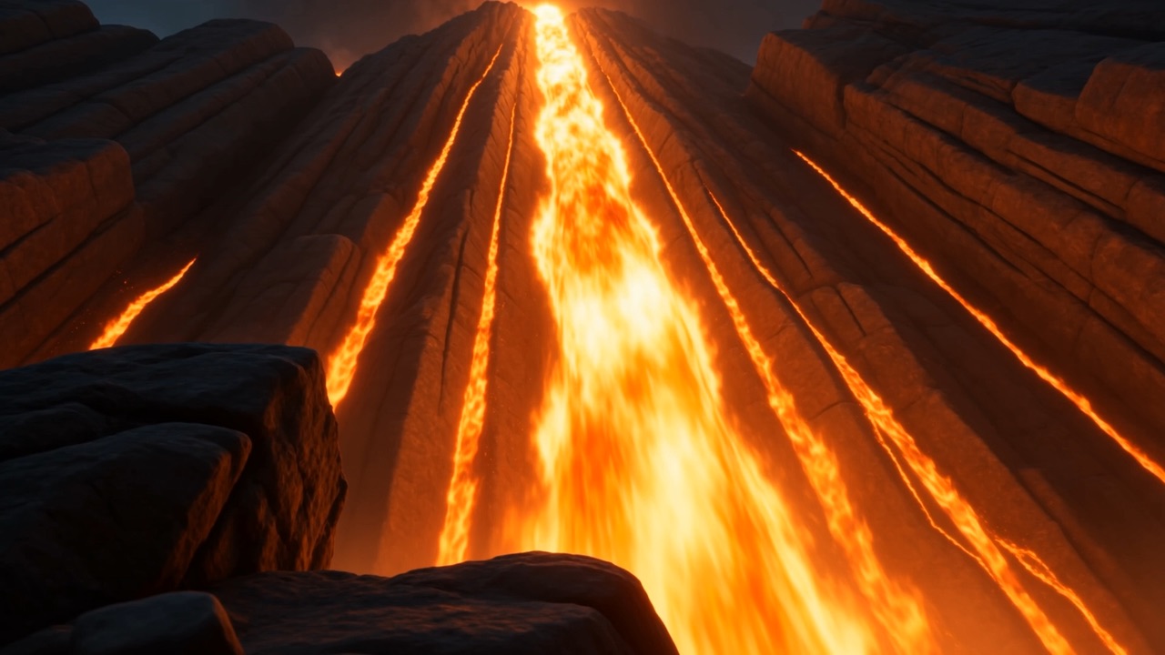 Fire pours down the mountain in burning rivers