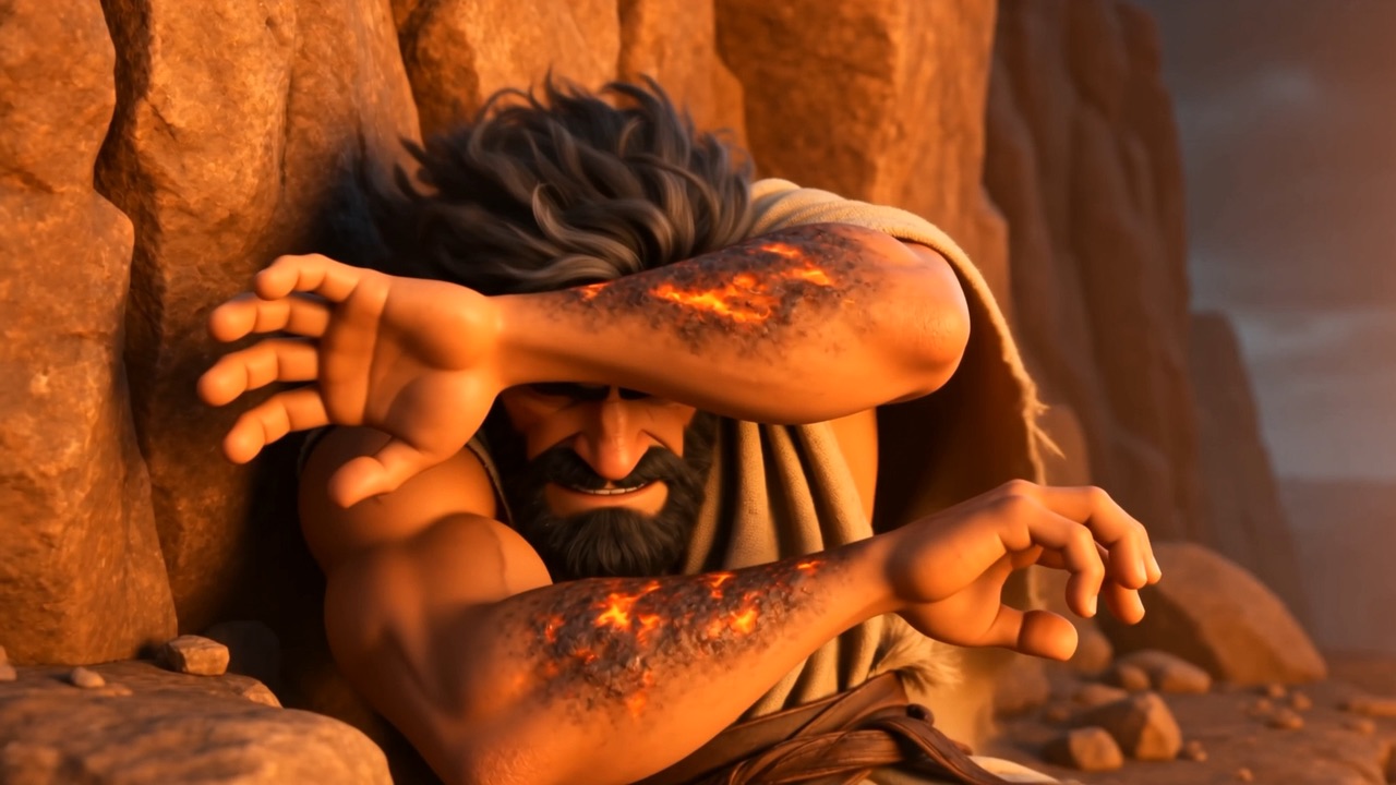 Elijah shields his face from the heat