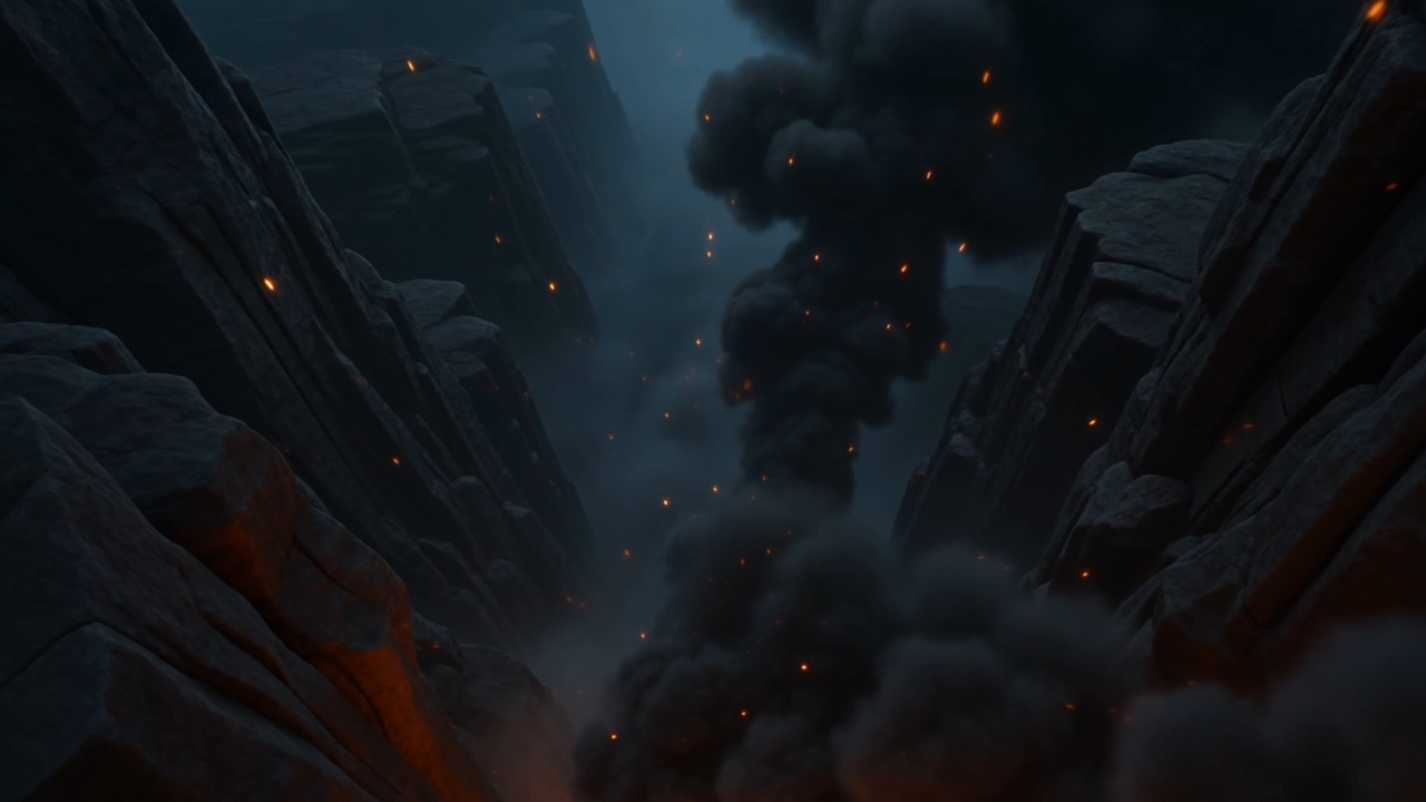 Smoke boils up the dark canyon as the fire passes