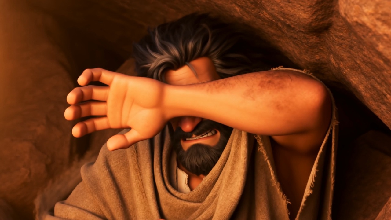 He presses back into the rock, arm across his eyes