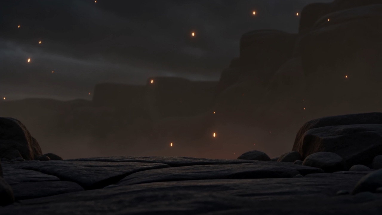 Embers drifting over a burnt, silent slope
