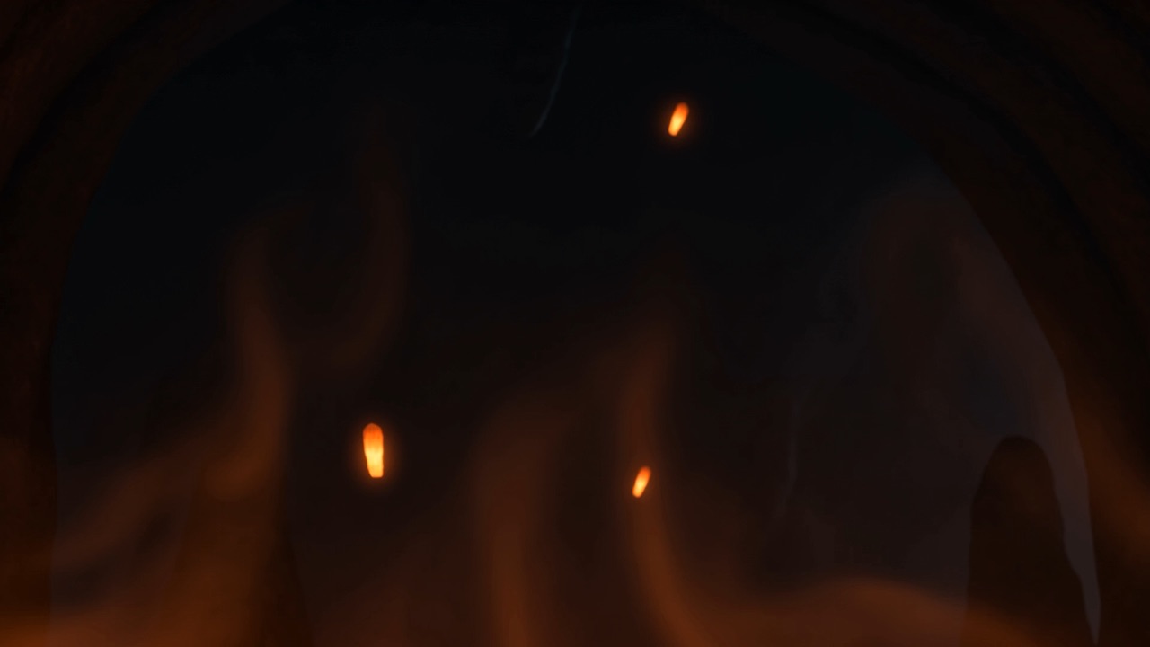 A few embers drift in the dark