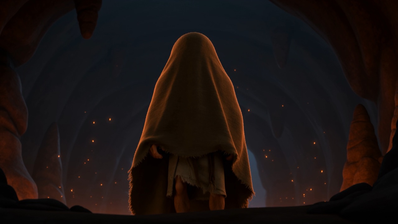 Wrapped in his mantle, he stands