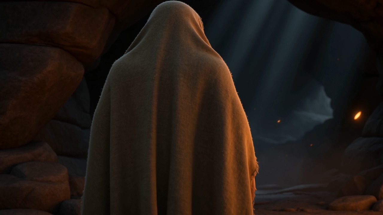 A veiled figure walks toward the cave mouth