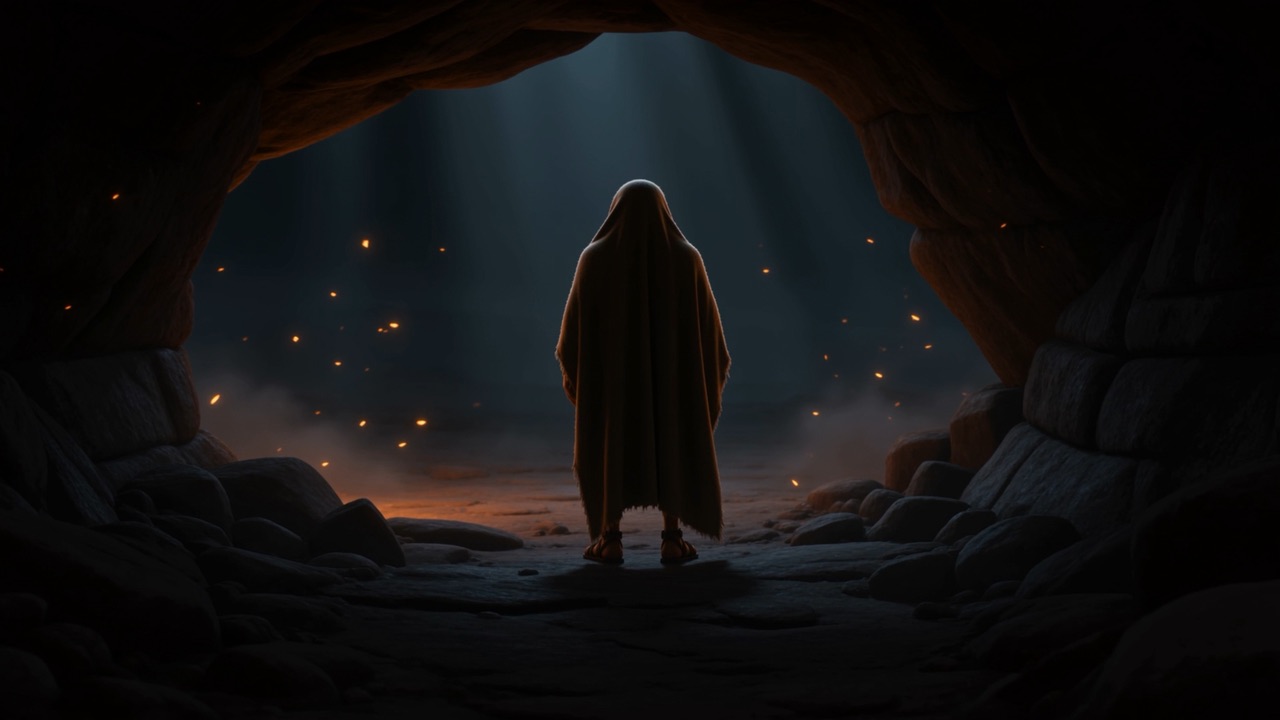 He stands in the entrance, small against the light