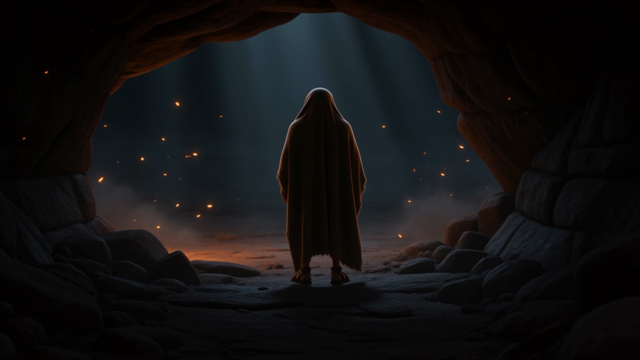 One man at the mouth of a cave, waiting to be spoken to