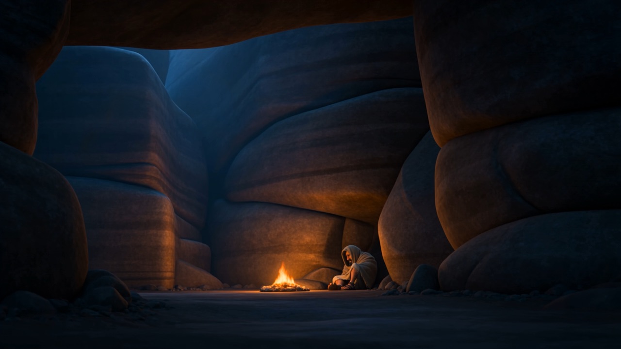 From outside: one small fire in a great dark cliff