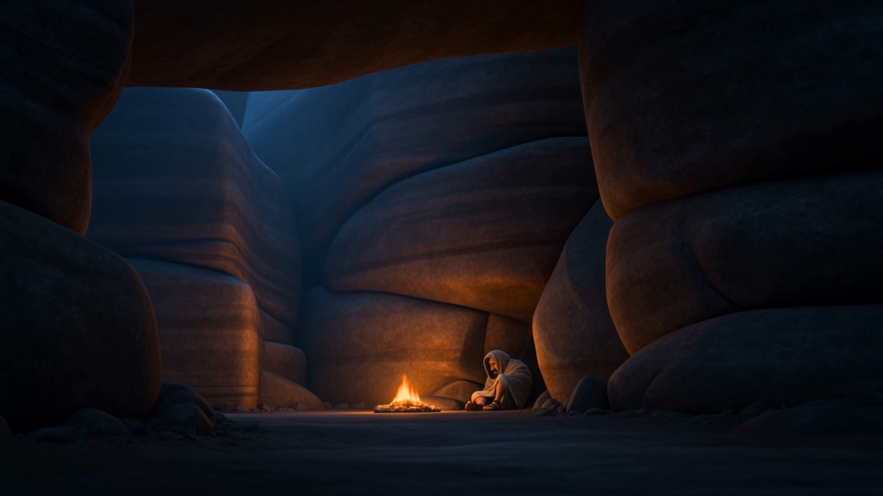 The mountain holds him and his one little flame