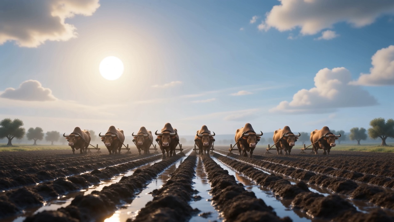 Twelve yoke of oxen plough a wet field under a bright sky