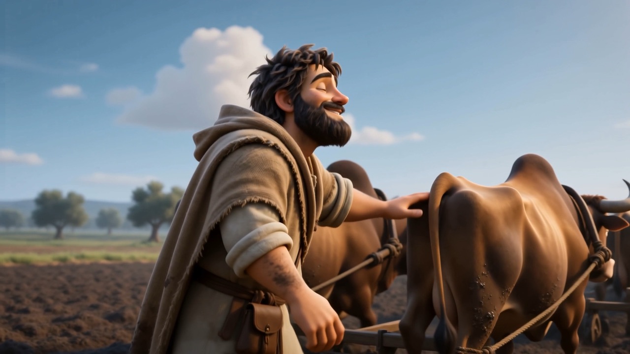 Elisha, cheerful and filthy, working his oxen