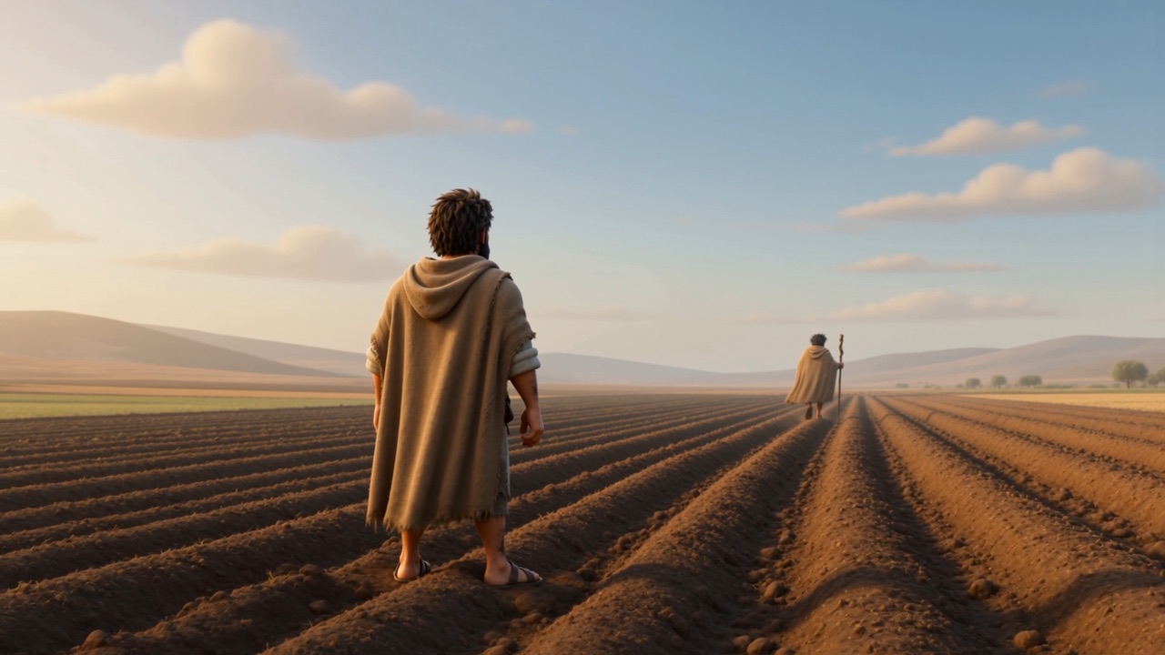 Two figures on the long furrows, one waiting for the other